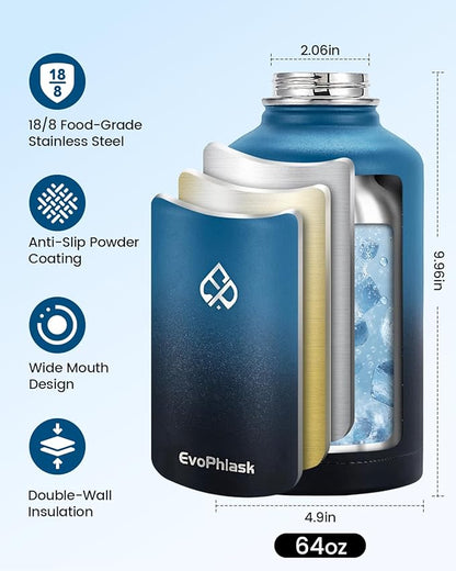 Insulated Water Bottle 64 oz, Vacuum Stainless Steel Water Bottle Keep Cold 48Hrs, Half Gallon Large Water Jug for Travel, Sport, Gym, Hiking with Carrier Bag, Indigo/Black