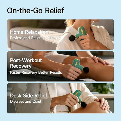 Super Mini Massage Gun Deep Tissue, Handheld Muscle Massager with 4 Heads, Quiet Percussion Travel Size Massager for Back Pain Relief, Home, Gym & Office, Green