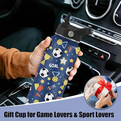 32oz Insulated Soccer Water Bottle for Kids & Adults - Stainless Steel, BPA-Free, Leak Proof Straw Lid - Sports Water Bottle for Gym, School, Travel - Ideal Soccer Gifts for Boys, Girls, Men