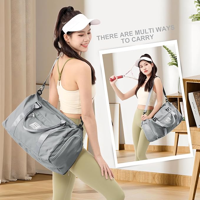 Gym Bag for Women Men with Shoes Compartment,Sports Duffle Bag Personal item travel Duffel Bags Tote Bag Small Carry on Weekender Overnight Bag Workout Dance Bag Hospital Holdalls Grey