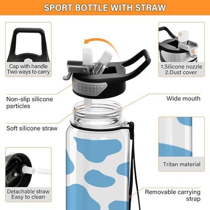 Fustylead Blue Cow Print Tritan Water Bottle with Straw and Lids, 32 oz Reusable BPA Free Sport Water Bottle for Gym Camping Hiking Travel