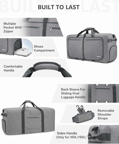 Gonex 40L 60L 80L 100L 150L Large Foldable Travel Duffle Bag with Shoes Compartment, Packable Lightweight Water Repellent Duffel Bag for Camping Gym Weekender Bag