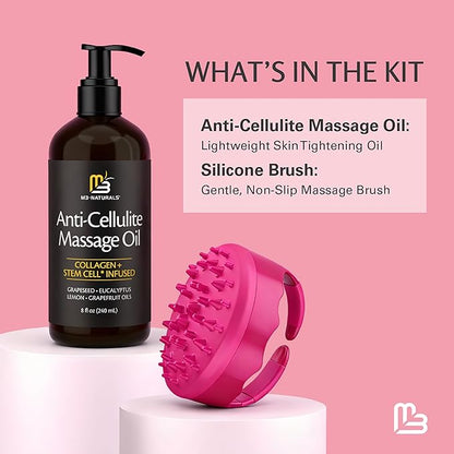 Anti Cellulite Massage Oil and Silicone Body Brush – Collagen and Stem Cell Skin Tightening Formula for Smoothing and Firming, 8 fl oz by M3