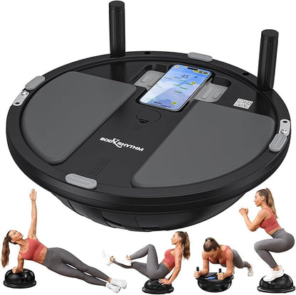 BODYRHYTHM 2 in 1 Balance Ball & Plank Board Trainer with Free iOS/Android App & 4 Free Games for Full Body Workout - Half Exercise Yoga Ball Trainer with 2 Bands & Pump for Strength Training