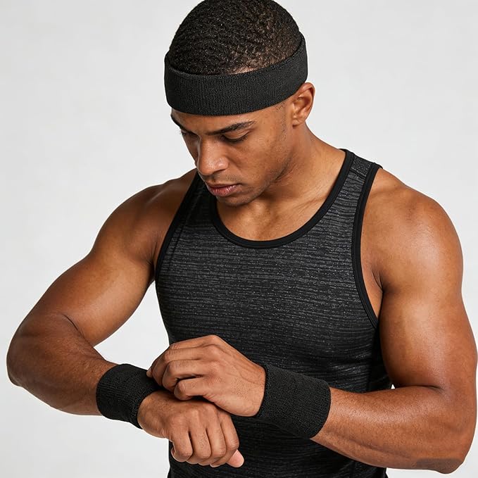 Sweatbands Headband and Wrist Set, Cotton Sweat Band for Athletic Men and Women, Sweatbands Sports Headbands for Working Out, Running, Basketball, Tennis, Yoga