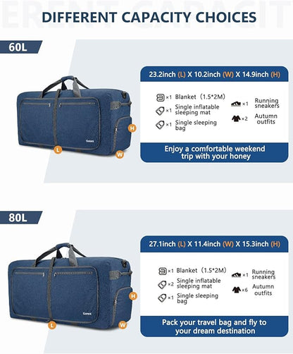 Gonex 40L 60L 80L 100L 150L Large Foldable Travel Duffle Bag with Shoes Compartment, Packable Lightweight Water Repellent Duffel Bag for Camping Gym Weekender Bag