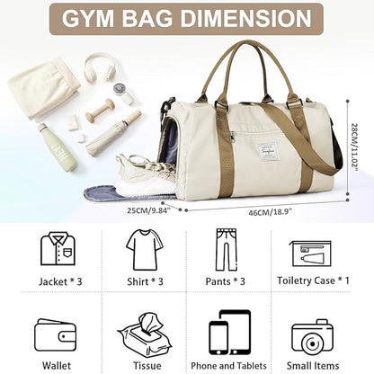 Gym Bag for Women Men with Shoes Compartment,Sports Duffle Bag Personal item travel Duffel Bags Tote Bag Small Carry on Weekender Overnight Bag Workout Dance Bag Hospital Holdalls Beige Brown