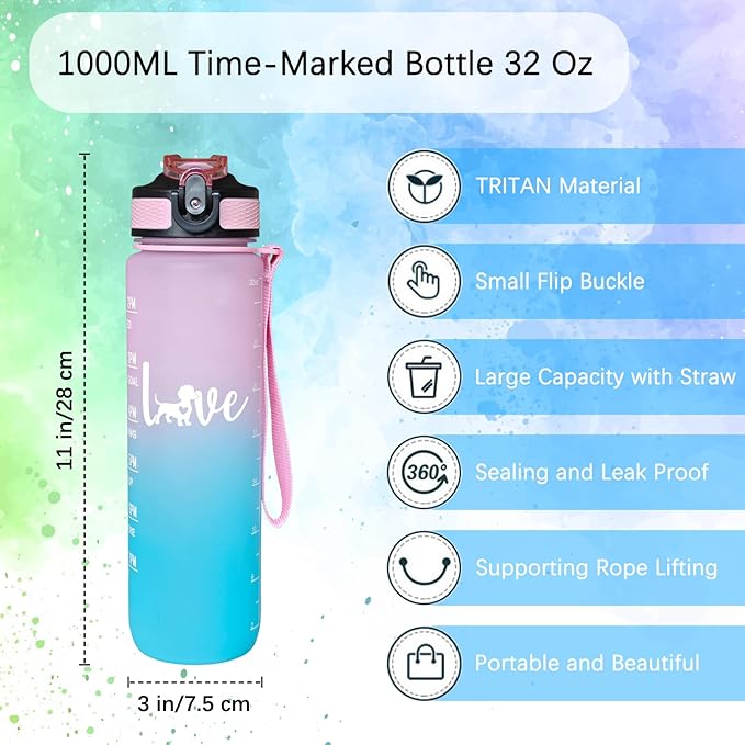 Love Dachshund Dog Water Bottle 32 Oz for Dog Lover – Leakproof BPA Free Sport Water Bottle with Straw & Carry Strap, Motivational Time Marker for Gym, Fitness, Outdoor, Travel, Office