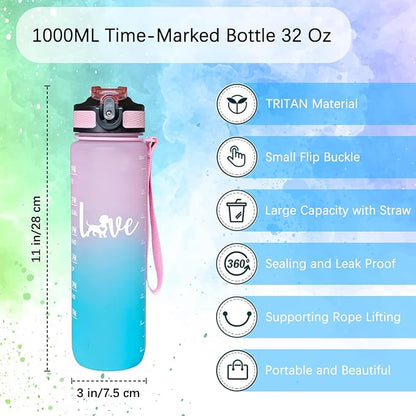 Love Dachshund Dog Water Bottle 32 Oz for Dog Lover – Leakproof BPA Free Sport Water Bottle with Straw & Carry Strap, Motivational Time Marker for Gym, Fitness, Outdoor, Travel, Office