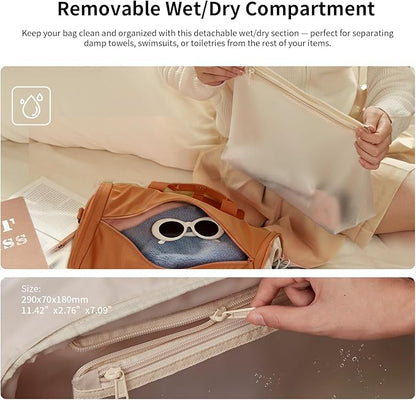 Aji Foldable Travel Duffel Bag for Women with Shoes Compartment, 3 in 1 Carry on Gym Bag with Removable Dry Wet Bag, Lightweight&Water Resistant Duffel Bag for Travel,Sports&Workout, Warm Brown