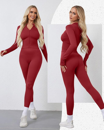 Women 3 Piece Seamless Workout Set Sports Bra High Waisted Gym Yoga Leggings Zip Up Jacket with Thumbhole Activewear
