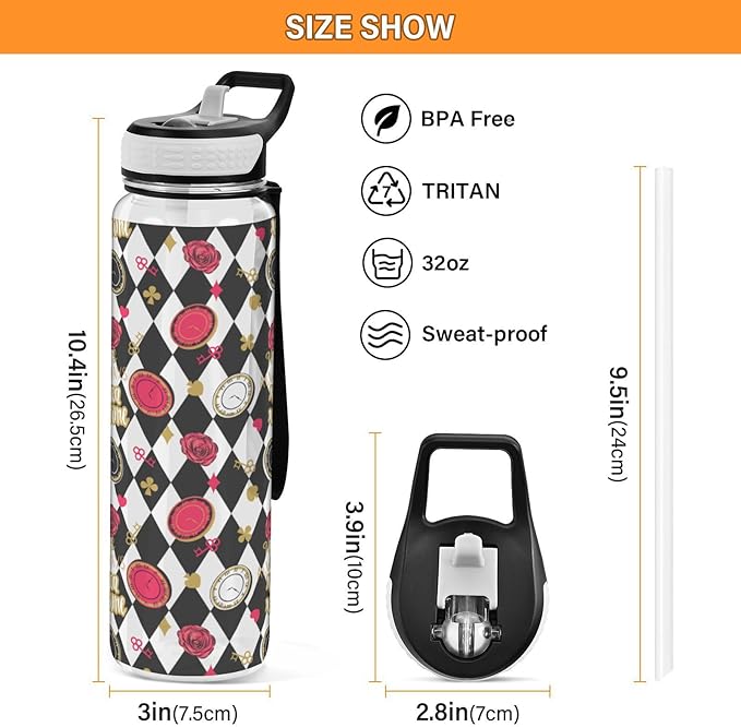 Fustylead Alice Chess Board 32oz BPA Free Water Bottle, Leak-proof Bottle with Carrying Strap, Clear Sports Bottle for Running Cycling Camping