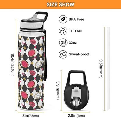 Fustylead Alice Chess Board 32oz BPA Free Water Bottle, Leak-proof Bottle with Carrying Strap, Clear Sports Bottle for Running Cycling Camping