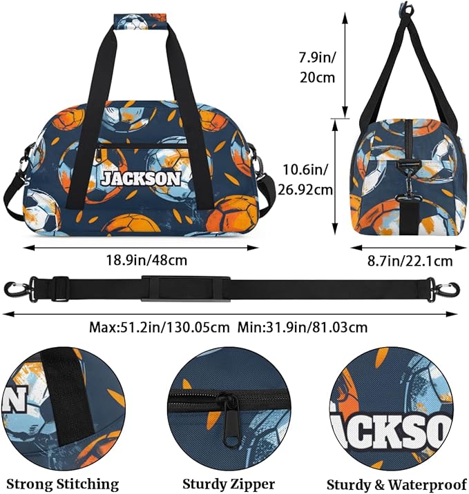 Personalized Boys Soccer Gym Duffel Bags for Kids with Custom Name Sport Training Travel Bags for Overnight Weekender, Dark Blue