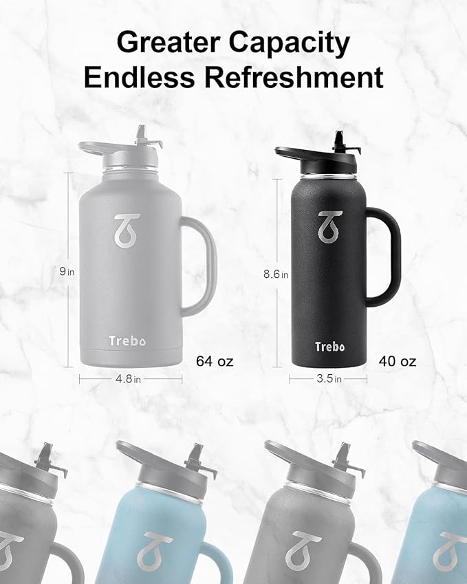 Trebo 40oz Water Bottle Insulated with Handle, Stainless Steel Metal Large Jug,Travel Flask with Straw Spout Lid,Mug Tumbler Cup,Keep Cold Hot, Indigo Black
