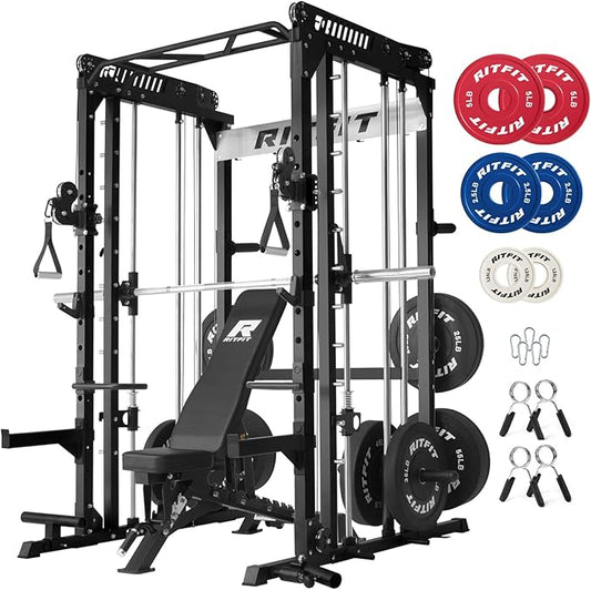 RitFit M1 Pro Smith Machine with Cable Crossover System, Multi-Function Squat Rack Power Cage for Home Gym, Power Rack and Packages