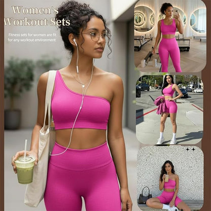 4 Pcs Women's Workout Sets Pilates Exercise Outfit Ribbed Scoop Neck Sports Bra Shorts Leggings Gym Clothes Set