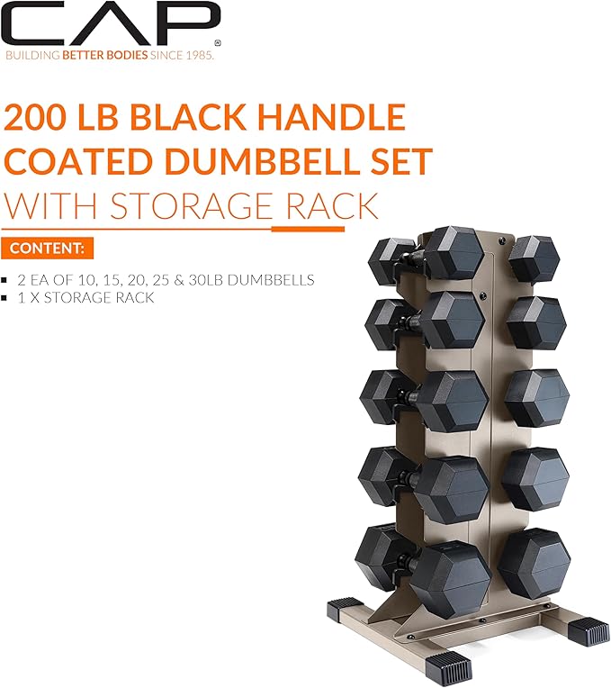 CAP Barbell Rubber Coated Hex Dumbbell Set with Vertical Rack | 100-300 lbs Free Weights Dumbbells Set for Home Gym | Multiple Options