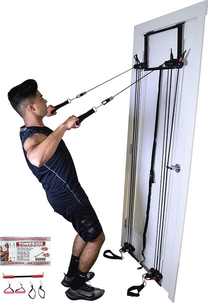 Complete Door Gym Full Body Workout | Home Gym Fitness Exercise System Total Body Strength Training | Includes Heavy Duty Resistance Bands, Straight Bar, 2x Hand Grips, 2x Ankles Straps, DVD