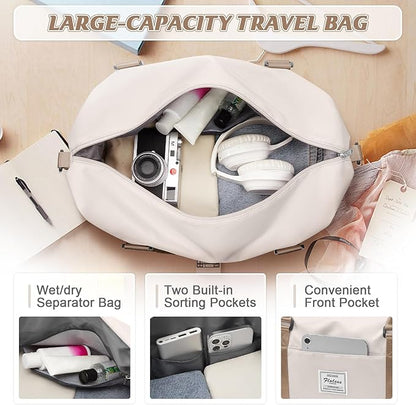 BJLFS Sports Duffel Bags for Women Beige Weekender Travel Totes Bag for Airplane, Cute Sports Gym Dance Overnight Luggage Bag with Wet Pocket, Carry On Hospital Bag for Labor and Delivery