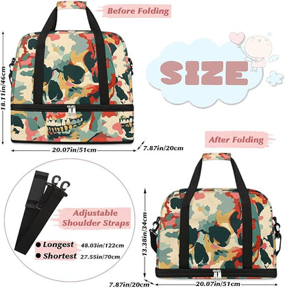 cfpolar Woman Travel Duffel Bag Camo Skull Foldable Tote Carry On Luggage Sports Gym Bag With Shoe Compartment Overnight Weekend Yoga Workout Bag Training Handbag