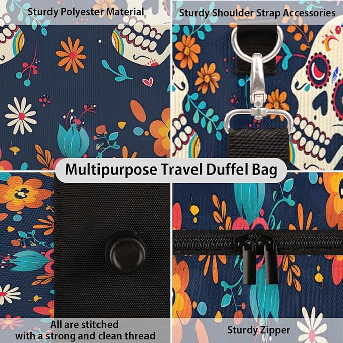 Travel Duffel Bag Colorful Mexican Skull Flower Sport Tote Gym Bag Waterproof Foldable Carryon Weekend Overnight Training Handbag Sports Duffle Bags for Women Men Boys Girls