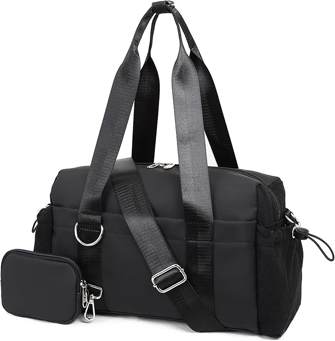 Everyday Mini Gym Bag for Women 2.0, Small Tote with Zipper Compartment Waterproof Travel Duffle Cute Handbag Workout Carry On with Removeable Shoulder Strap & Coin Wallet Easy to Clean - Black
