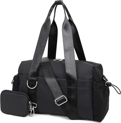 Everyday Mini Gym Bag for Women 2.0, Small Tote with Zipper Compartment Waterproof Travel Duffle Cute Handbag Workout Carry On with Removeable Shoulder Strap & Coin Wallet Easy to Clean - Black