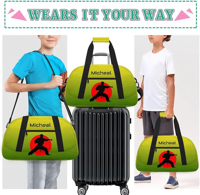 Personalized Martial Art Bag Duffel Bag for Boys Girls, Custom Taekwondo Karate Bag for Travel Weekender Practice Gradient Green