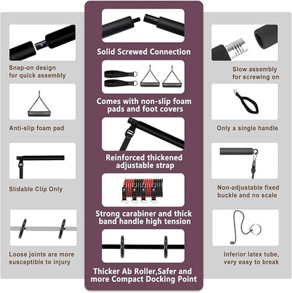 Pilates bar kit Multiple Fitness bar with Resistance Bands, Ab Rollers.Core Strength Training Equipment. Squat Machine for Men and Women.Portable Home Gym Pilates bar kit for Full Body Training Women