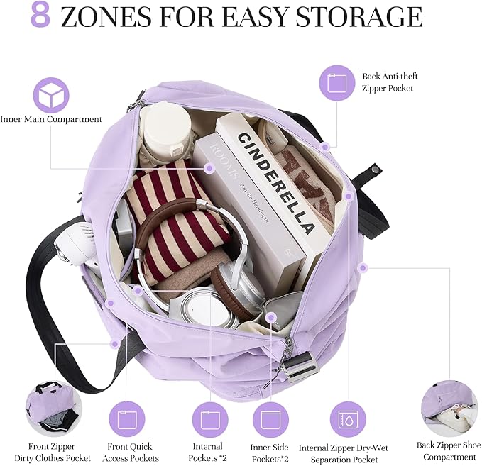 Timeet Expandable Gym Duffel Bag For Women with Yoga Mat Strap, 47L Sports Duffle Bag With Shoes Compartment&Dry Wet Pocket, Water Resistant Carry on Sports Weekend Travel Overnight Bag, Dreamy Purple