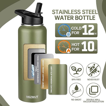 MEZMUT Insulated Water Bottle with Straw&2 Lids 40oz Stainless Steel Water Bottles Sports Metal Water Bottle Double Walled Vacuum Insulated Bottles Cups Leak-Proof Travel Cup (Army Green)