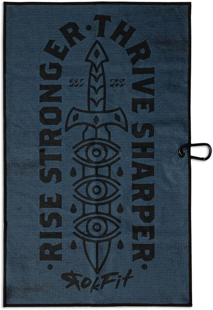 RokFit Gym & Golf Towel – Multi-Use, Quick-Dry, Durable Utility Towel with Bold Graphic and Carabiner Clip (Rise Stronger, Thrive Sharper)