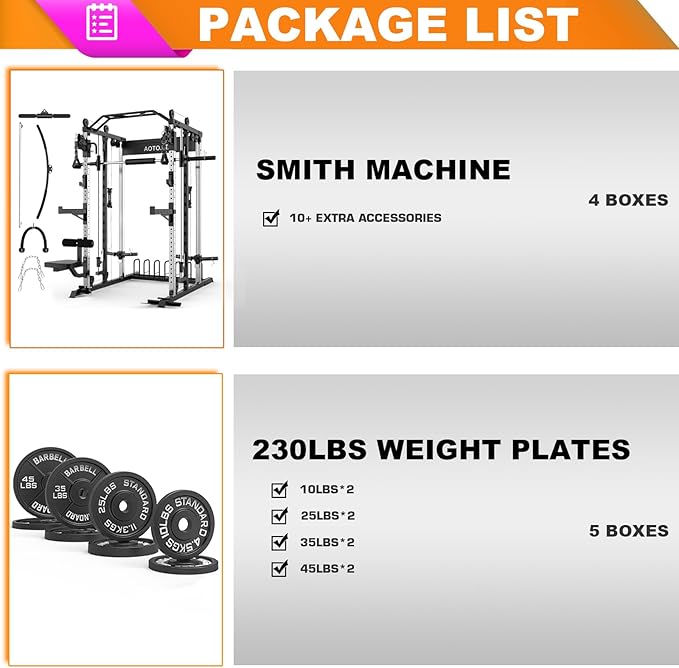 Smith Machine Strength Training Squat Rack with Smith Bar, Power Cage with LAT Pull-Down Systems, Cable Crossover Machine for Home Gym