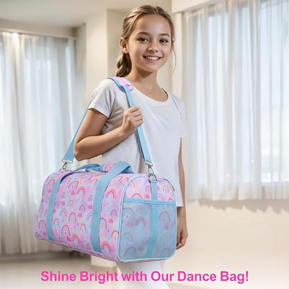Bagseri Dance Bag for Girls - Kids Duffle with Shoe Compartment, Gymnastics Tote for Sleepover Travel with Water Resistant Wet Pocket (Light Purple Blue Rainbow)