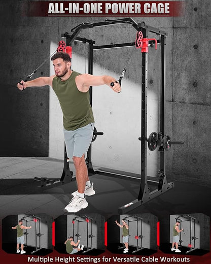 OPPSDECOR 2.0 PRO Power Cage Home Gym - 2000LBS Heavy Duty Power Rack with Independent Dual Pulley Cable Crossover System, Safety Bar, J-Hook, Pull-up Bar, Dip Station - 13.26 ft² Compact Squat Rack