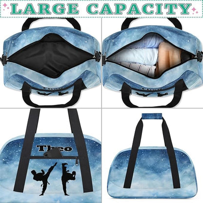 Personalized Gym Bag for Boys, Custom Sport Gym Taekwondo Silhouette Cheerleading Duffel Bag Weekender Fitness Bags Travel Duffel Bag, Watercolor Blue Starry Night
