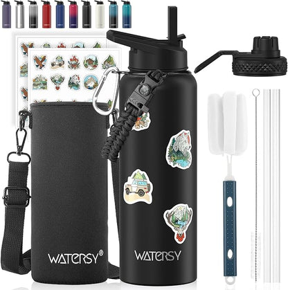 40oz Insulated Water Bottle (Cold for 48 Hrs),BPA Free&Leak Proof,Stainless Steel Water Flask,Water Jug with Straw Spout Lids for Gym,Hiking,Travel,Black