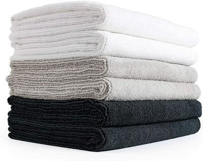 The Rag Company Microfiber Spa and Yoga Towel - Soft and Absorbent Towel for Gym, Spa, Exercise, Hotel, and Resort Use - Dries Fast - 16x27 inches - White, Ice Grey, Black, 6-Pack