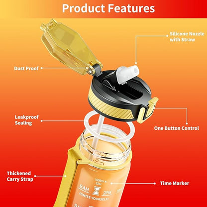 Water Bottle with Straw, 32oz Motivational Water Bottles with Time Marker to Drink, Tritan BPA Free, 1L Sports Water Bottle with Carry Strap LeakProof for Women Gym Fitness Outdoor (1 Pack)