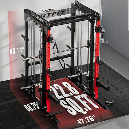 RitFit M2 Smith Machine with with Cable Crossover System, 3D Functional Trainer & Power Cage, 16 Adjustment Holes, 6 Storage Pegs for Full-Body Home Gym