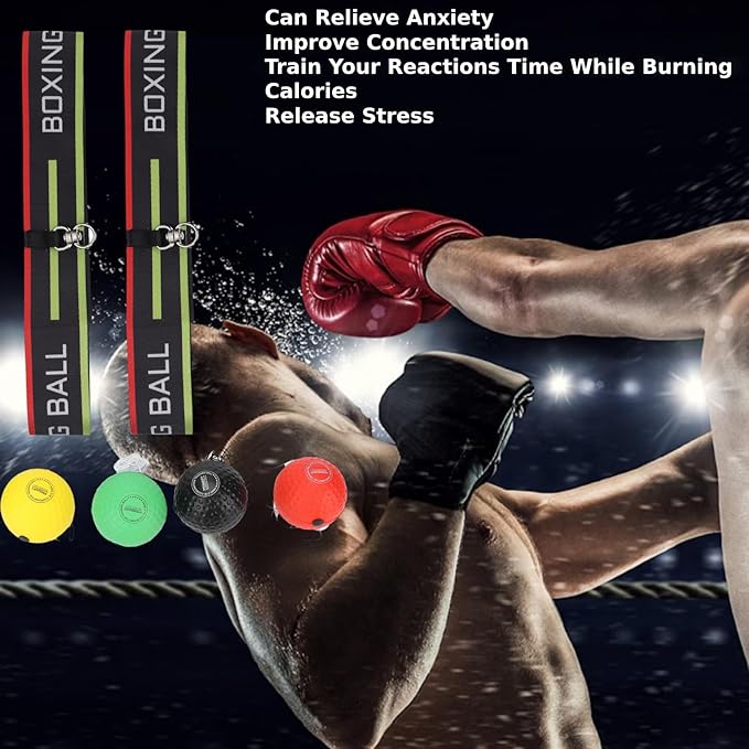 Adjustable Set 4 Balls + 2 Headbands for Boxing Training, Hand-Eye Coordination, Speed & Reflex Improvement, Novice Friendly