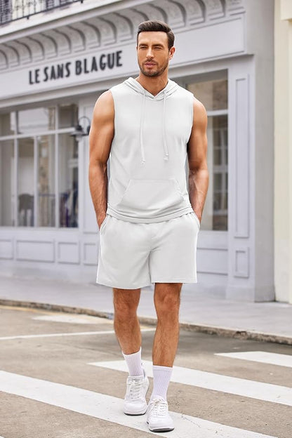 COOFANDY Mens Sleeveless Workout Hoodie Shorts Set 2 Piece Outfits Hooded Tank Tops Gym Tracksuit Sweatsuits