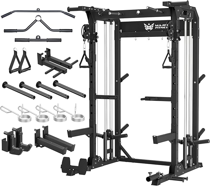 MAJOR FITNESS F22 Power Rack, 1600lbs All-in-One Squat Rack with Dual Pulley System, Heavy-Duty Steel Frame, Attachments & Storage for Home Gym Strength Training