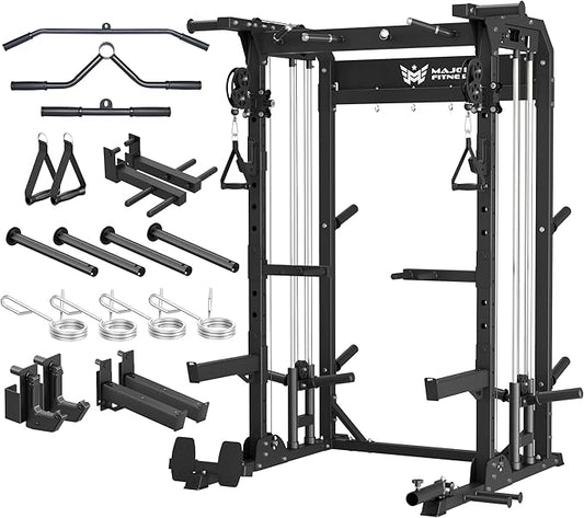MAJOR FITNESS F22 Power Rack, 1600lbs All-in-One Squat Rack with Dual Pulley System, Heavy-Duty Steel Frame, Attachments & Storage for Home Gym Strength Training