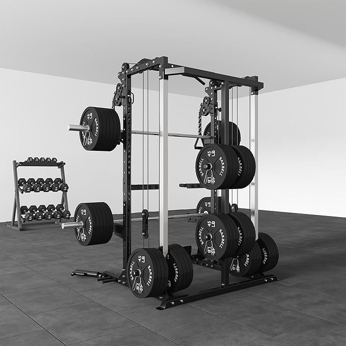 Power Cage, Power Rack with Dual Pulley System, Multi-Function Squat Rack with Cable Crossover, Home Gym Workout Machine