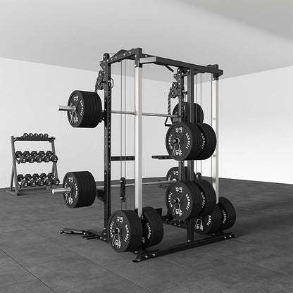 Power Cage, Power Rack with Dual Pulley System, Multi-Function Squat Rack with Cable Crossover, Home Gym Workout Machine