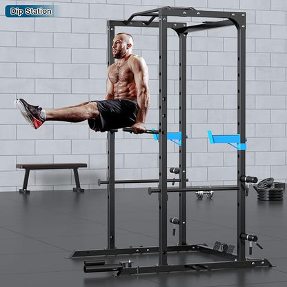 Power Cage, Multi-Functional Power Rack with J-Hooks, Dip Handles, Landmine Attachment and Optional Cable Pulley System for Home Gym