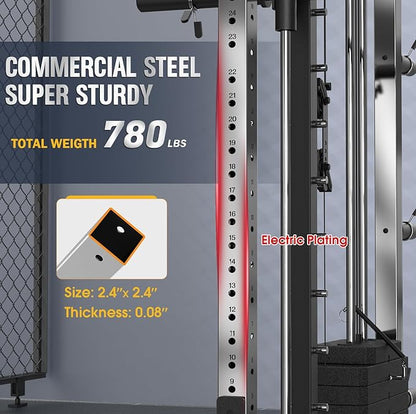 DONOW Smith Machine with Weight Stacks, Heavy Duty Home Gym System Power Cage Cable Crossover Machine Multi-Functional Trainer Ratio 1:1