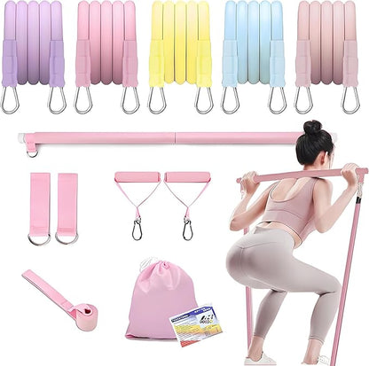 Pilates Bar 12-in-1 Kit with 5-Level Resistance Bands, 100 lbs Total, Home Workout Equipment for Legs, Arms, Core & Full Body, Adjustable 3-Section Pilates Stick, Foldable Design with Storage Bag